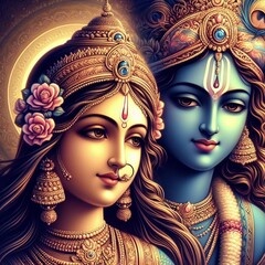 Divine Embrace: Close-Up Drawing of the Beautiful Goddess Radha and Lord Krishna - obrazy, fototapety, plakaty