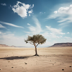 A lone tree in a vast desert landscape. 