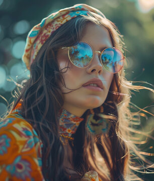 Portrait of beautiful stylish fashionable hippie woman with sunglasses