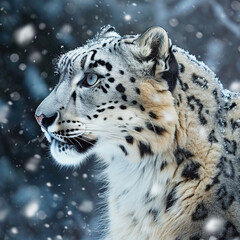 Obraz premium Snow leopard portrait in winter forest, Beautiful snow leopard portrait, Ai Generated