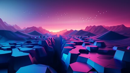 A three-dimensional abstract vector background adorned with hexagons, resembling the landscape of a virtual world, creating a captivating visual experience