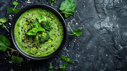 Obraz na płótnie Canvas Broccoli, spinach and green peas cream soup on a dark concrete background.