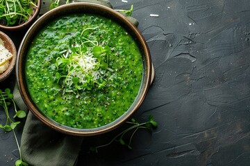 Broccoli, spinach and green peas cream soup on a dark concrete background.