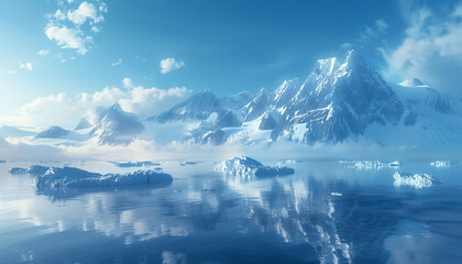 Beautiful Glaciers and giant snowy mountains. Sunny day, reflections in the water.  - obrazy, fototapety, plakaty