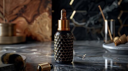 a visually stunning product photo for a high-end bee wax elixir, featuring a luxurious dropper bottle with sophisticated black and gold design elements