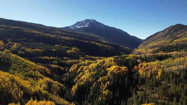 Drone Over Forest of Green and Yellow Trees Towards Mountain in Colorado