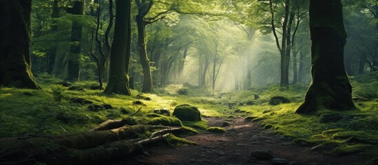 A serene forest scene shows a meandering path surrounded by green moss-covered trees and foliage - obrazy, fototapety, plakaty