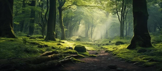 Fotobehang A serene forest scene shows a meandering path surrounded by green moss-covered trees and foliage © pngking