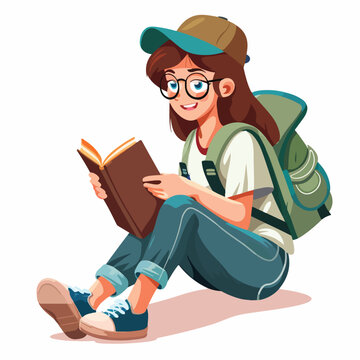 Young female college student reading book cartoon v