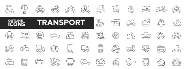 Transport line icons set. Transport outline icons collection. Includes Car, Bus, Forklift, Airplane, Tractor and More.