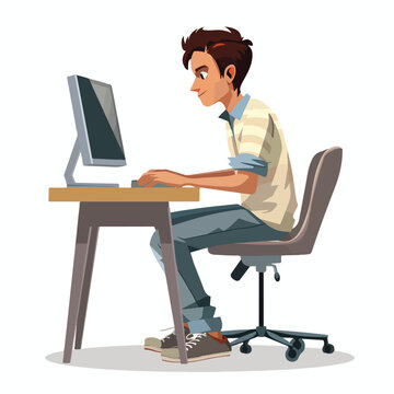 Young man working with computer cartoon vector illu