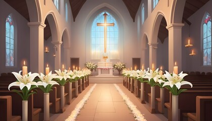The church is transformed into a sanctuary of light and color as candles illuminate bouquets of daffodils and hyacinths, their vibrant hues echoing the joyous spirit of Easter morning.