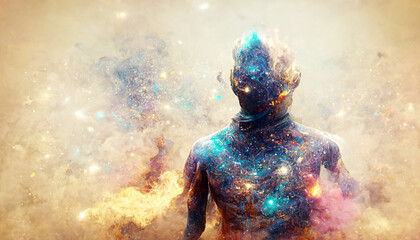 A person is standing in a cloud of colorful stars. The image is abstract and surreal, with a sense of wonder and awe. The person appears to be floating in the sky