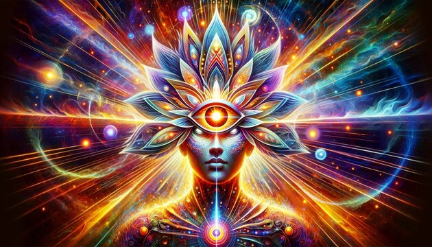 Spiritual awakening concept : powerful 'Empower Eye,' significantly enhancing the figure's mystical third eye to symbolize ultimate Empowerment