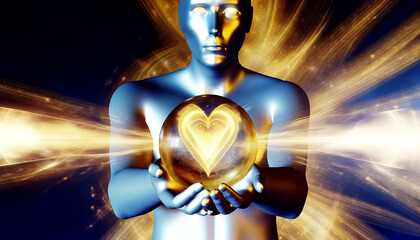A man holding a heart-shaped crystal ball. The crystal ball is surrounded by a bright, glowing aura. The man's face is illuminated by the light