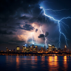 Dramatic lightning storm over a city skyline.