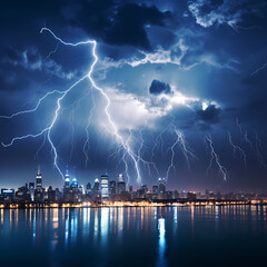 Dramatic lightning storm over a city skyline.
