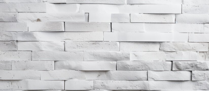 A detailed close up of a monochrome white brick wall with a rectangular pattern, parallel grey lines, and a composite material building texture