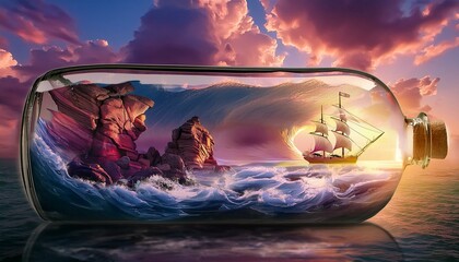 An adventurous scene encapsulated within a bottle. Inside, a majestic galleon ship sails 