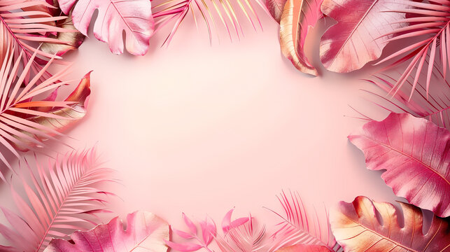 fond rose clair encadr&eacute; par des feuilles tropicales roses et dor&eacute;es avec espace vide au centre pour texte	
