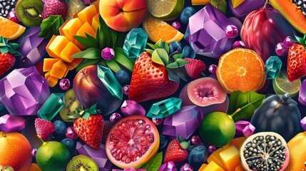 Fototapeta na wymiar A playful fruit explosion pattern, showcasing an assortment of tropical fruits, against a backdrop of the colorful gemstones created with Generative AI Technology