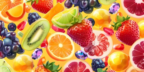A playful fruit explosion pattern, showcasing an assortment of tropical fruits, against a backdrop of the colorful gemstones created with Generative AI Technology - obrazy, fototapety, plakaty