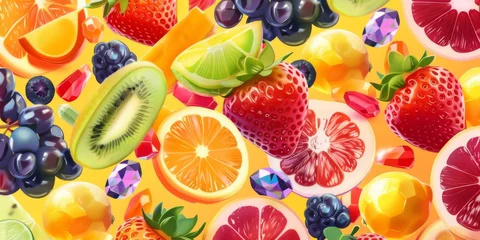 Fotobehang A playful fruit explosion pattern, showcasing an assortment of tropical fruits, against a backdrop of the colorful gemstones created with Generative AI Technology © Sentoriak
