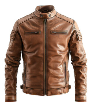 Tan leather motorcycle jacket with zipper details on transparent background - stock png.