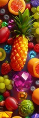 Naklejka na ściany i meble A playful fruit explosion pattern, showcasing an assortment of tropical fruits, against a backdrop of the colorful gemstones created with Generative AI Technology