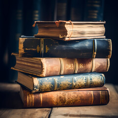 Old books stacked on a dusty antique table. 