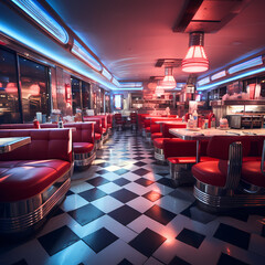 Retro diner with checkerboard floors and neon signs - obrazy, fototapety, plakaty