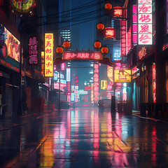 Retro neon signs illuminating a rainy urban street