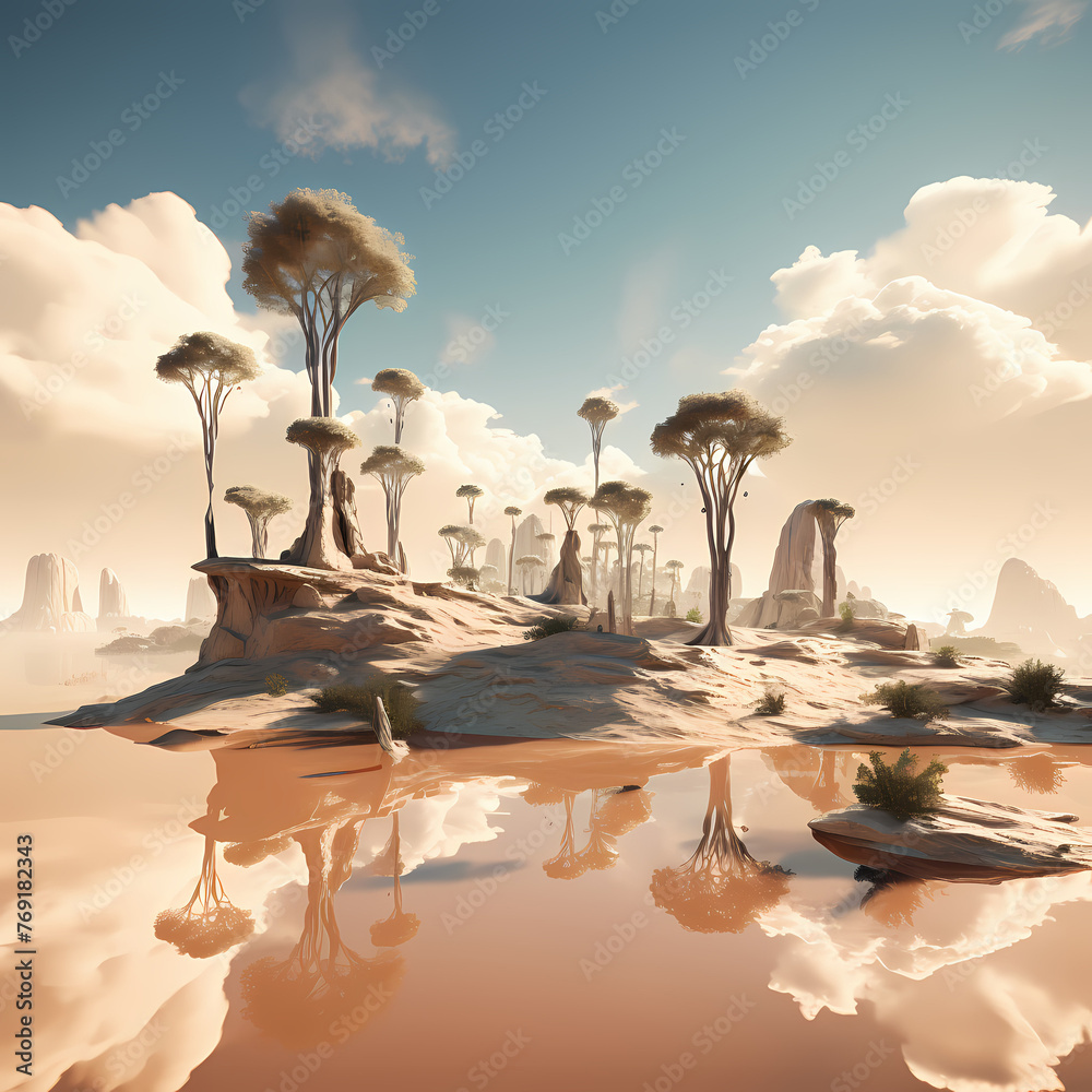 Sticker Surreal desert landscape with floating islands.