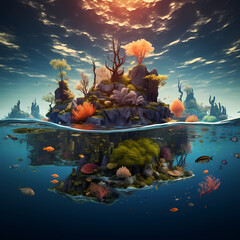 Surreal underwater scene with floating islands and fishes