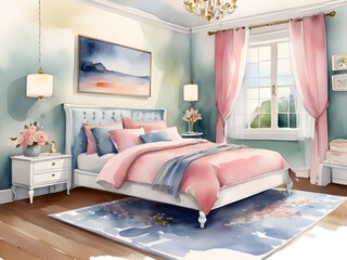 cute bedroom design of watercolor 
