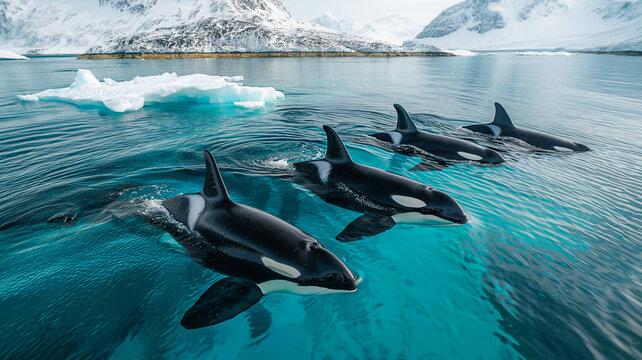A pod of killer whales swimming in a crystal clear blue water near floating icebergs