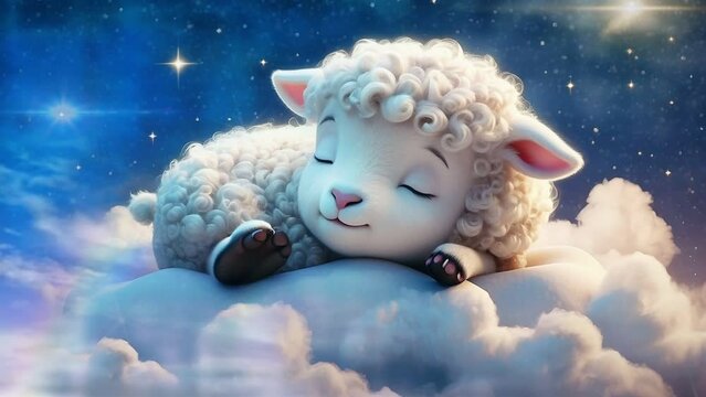 the lamb is sleeping on a starry cloud, seamless looping 4k animation video background 