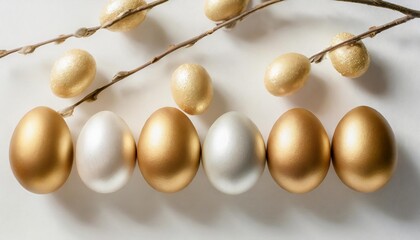 easter golden decorated eggs stand in a row on white background minimal easter concept happy easter card with copy space for text top view flatlay