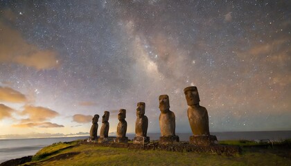 mysterious maori statues under the milky way galaxy on easter island - obrazy, fototapety, plakaty