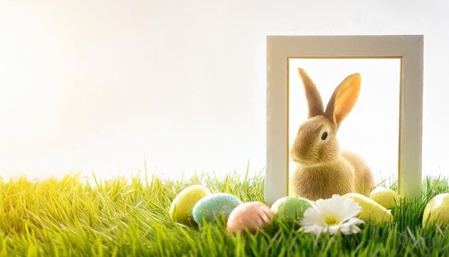 frame with green grass easter bunny and easter eggs white space for content white space for your content background backdrop illustration for easter or spring banners or greetings
