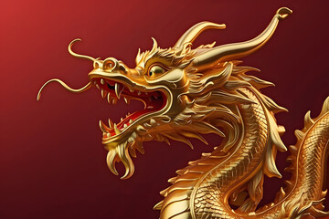 The golden Chinese dragon on a red colour background, copy space empty background design.