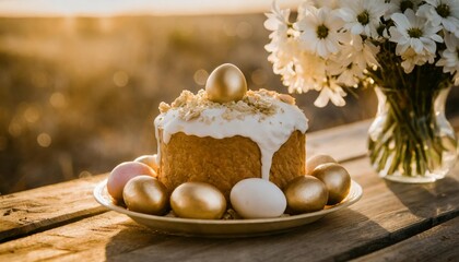 Obraz na płótnie Canvas easter cake with eggs and flowers