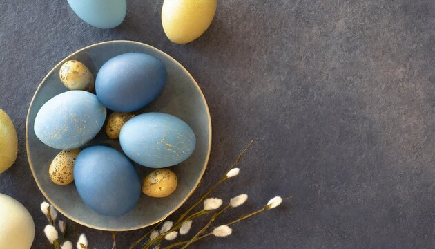 blue easter eggs painted by hand on a dark background easter stylish minimal composition top view flat lay copy space