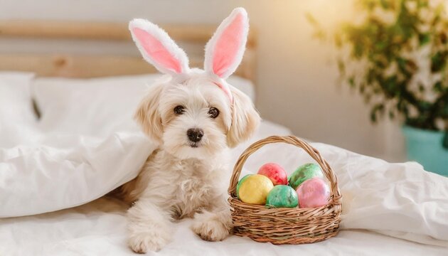 cute maltese puppy wearing easter rabbits ears sits with basket of painted eggs on a bed under warm white blanket at home empty space for text