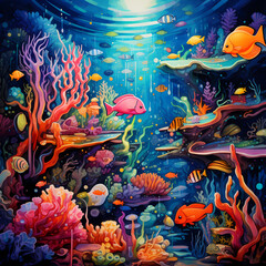 Obraz na płótnie Canvas Whimsical underwater world with vibrant sea creatures