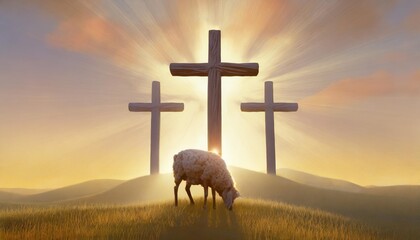 resurrection of jesus christ concept god lamb in front of the three cross of jesus christ on sunrise background - obrazy, fototapety, plakaty