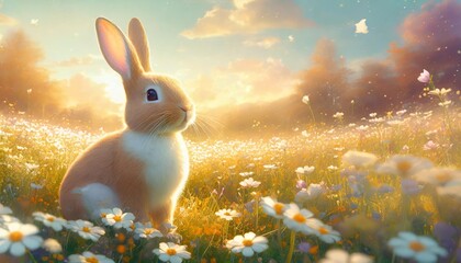 cute easter bunny in a magical meadow with spring flowers
