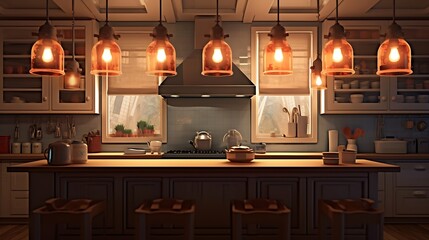 AI to design a digital illustration of pendant lights illuminating and beautifying the kitchen ceiling - obrazy, fototapety, plakaty