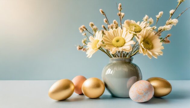 easter eggs and flowers in a vase easter still life easter card design background with solid light blue background and copy space pastel colors