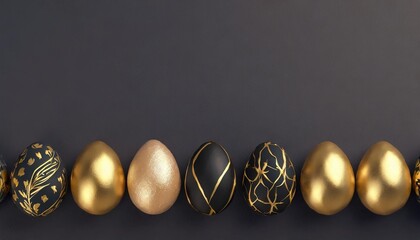 easter eggs lying in a row with black and gold decor against a plain background flat lay top view banner card with place for text religious holiday free copy space illustration - obrazy, fototapety, plakaty